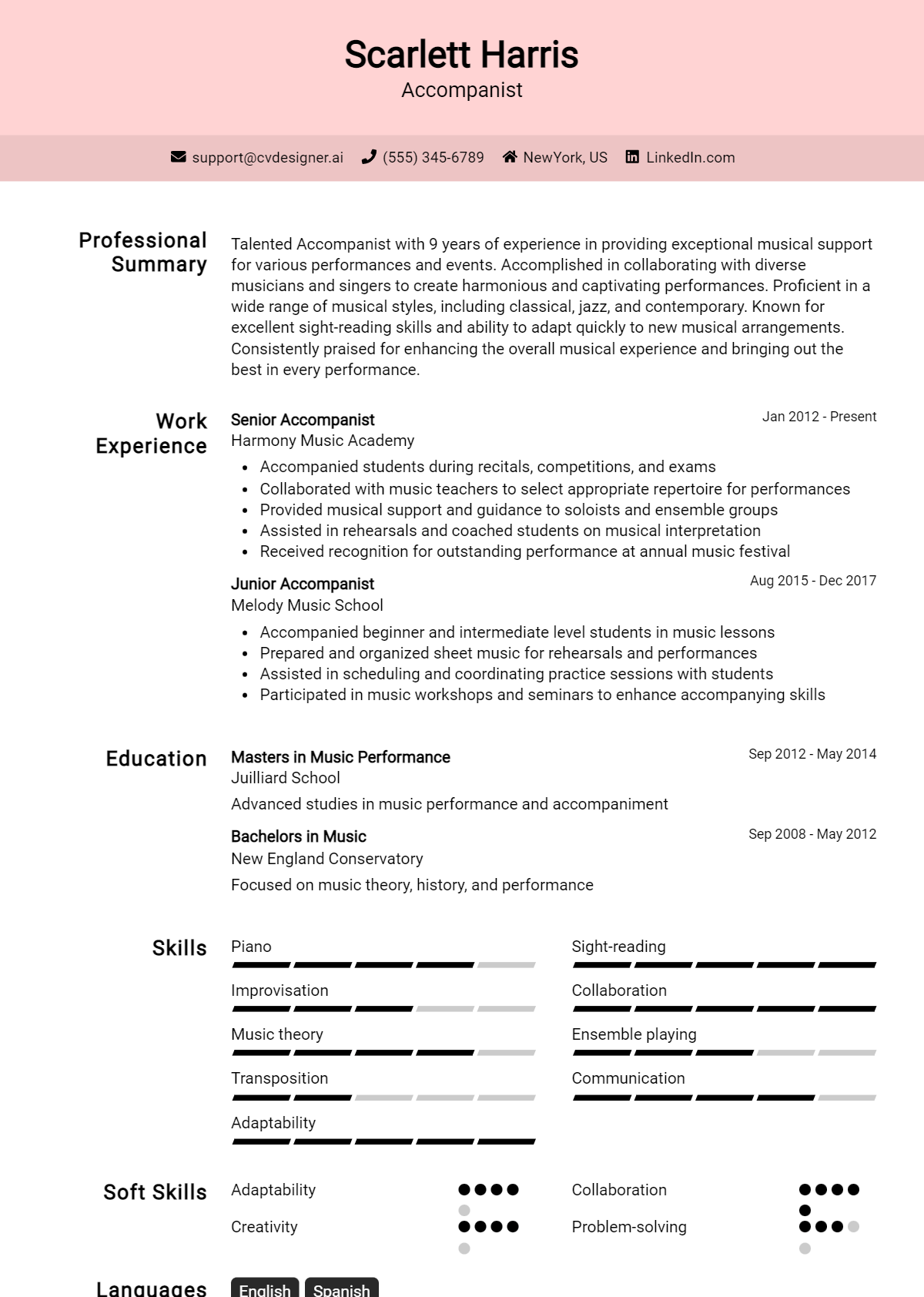 Accompanist Resume Example for 2026: Professional CV Templates Preview