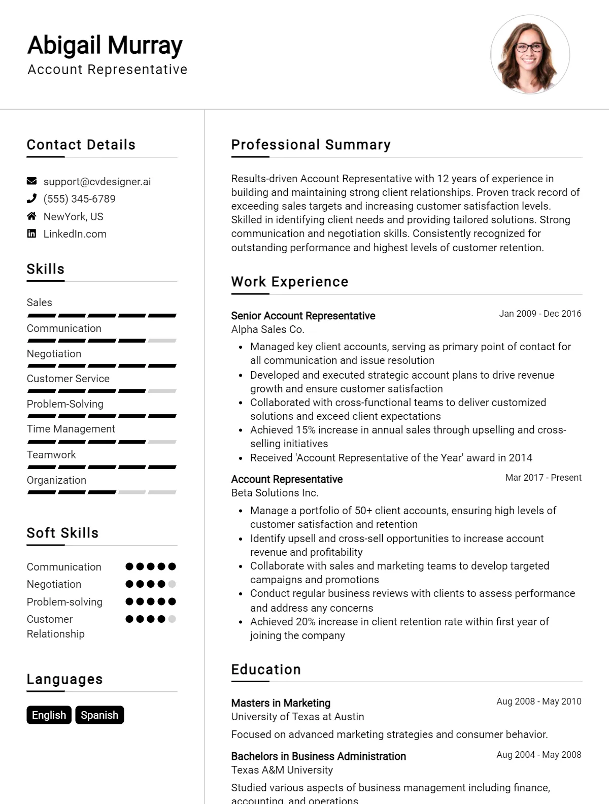 Account Representative CV Example For 2026: Examples & Free Templates Preview