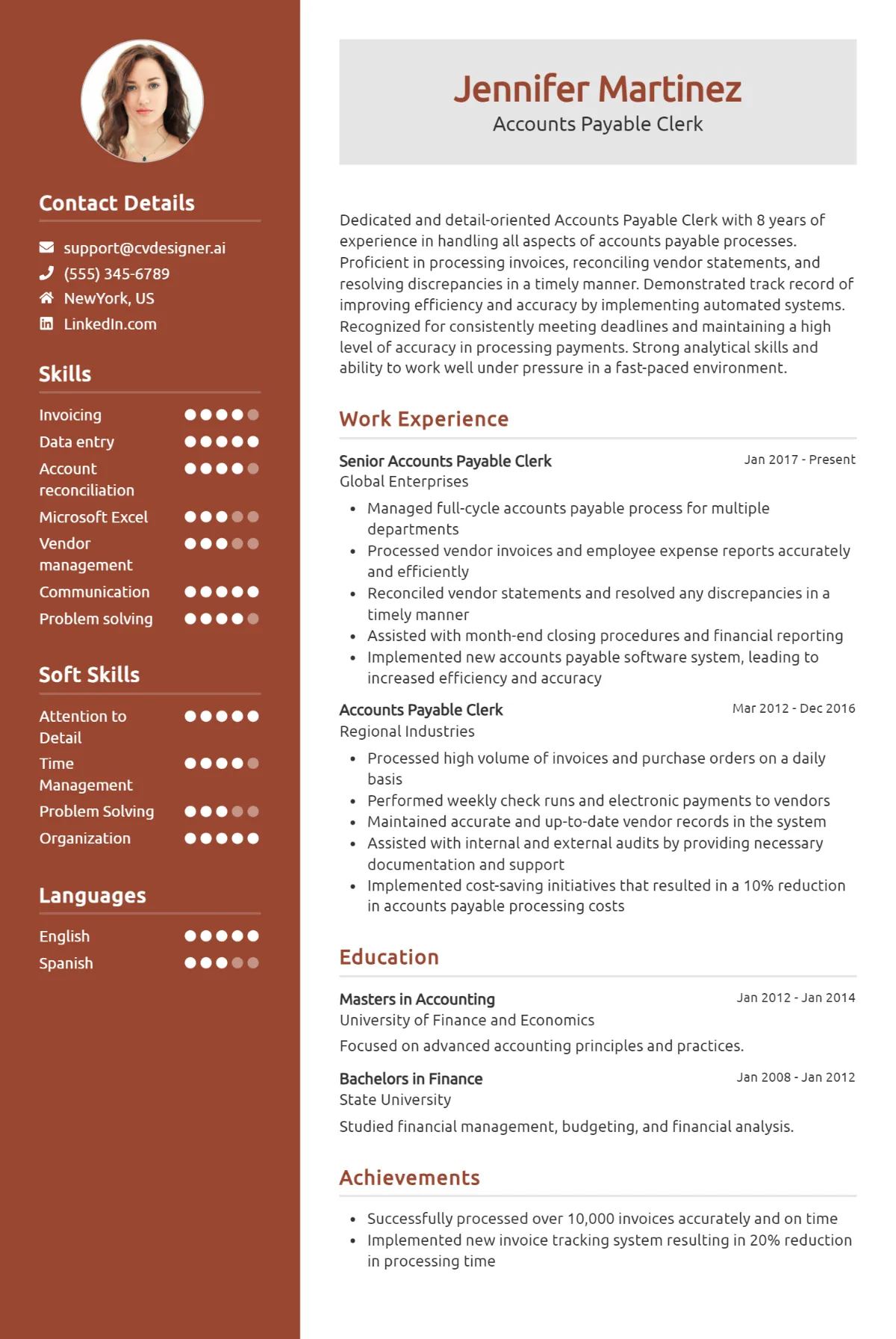 Accounts Payable Clerk CV Example For 2026: Best Skills & Templates Preview