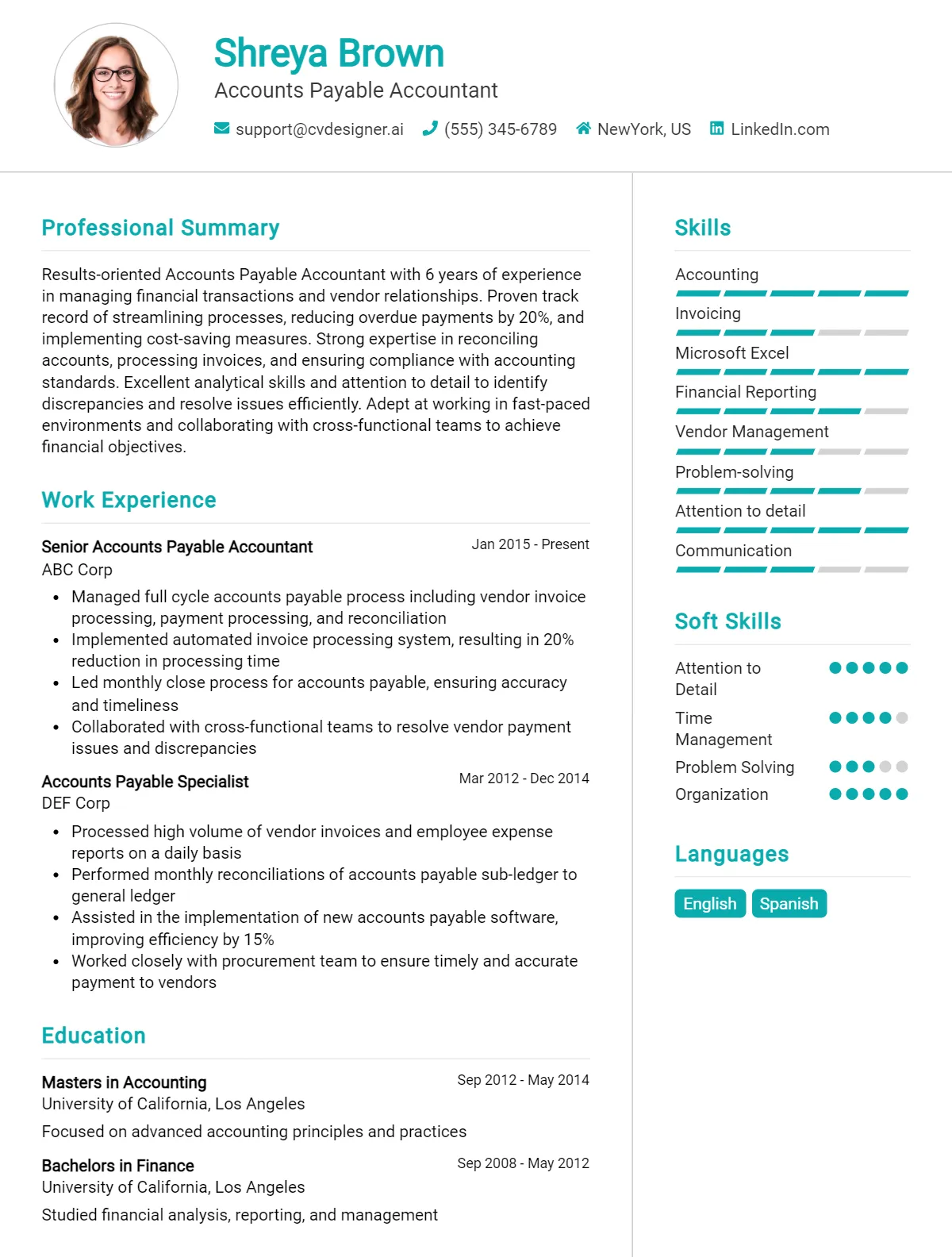 Accounts Payable Accountant CV Example For 2026: Free Professional Templates Preview