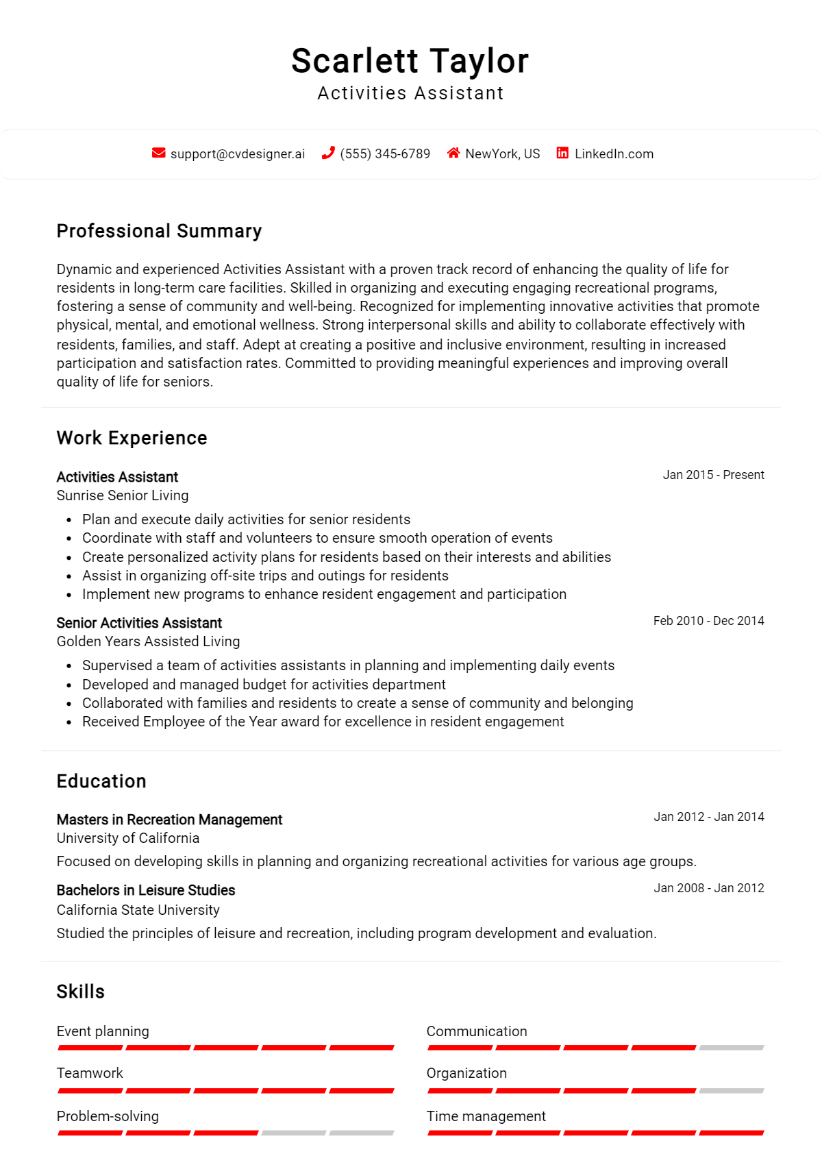 Activities Assistant Resume Example for 2026: Free Downloadable Templates Preview