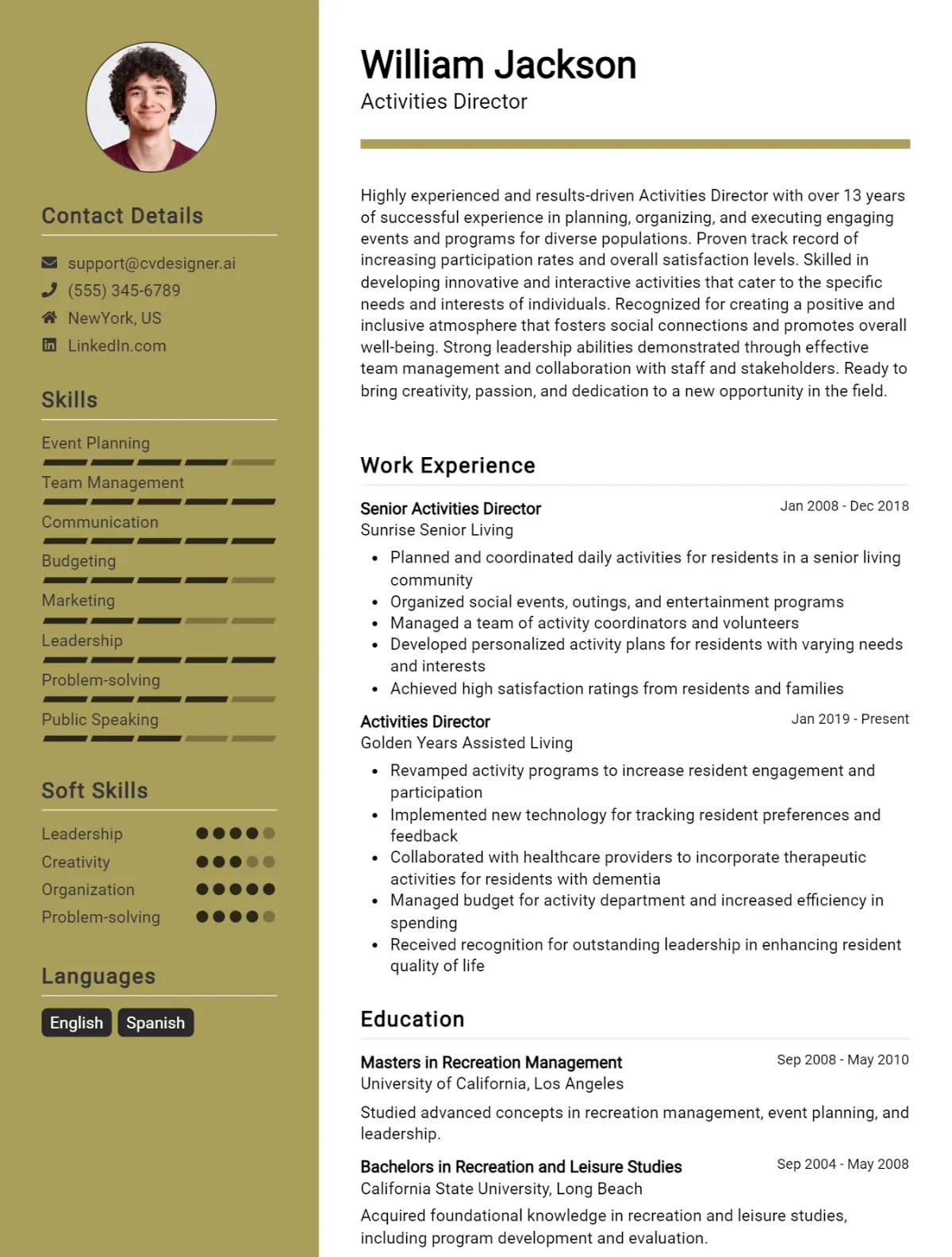 Activities Director CV Example For 2026: Free Professional Templates Preview