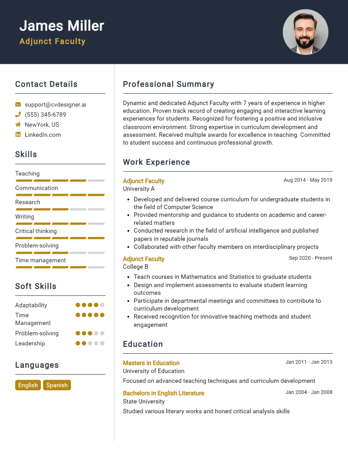 Adjunct Faculty CV Example For 2026: Examples & Free Templates Preview