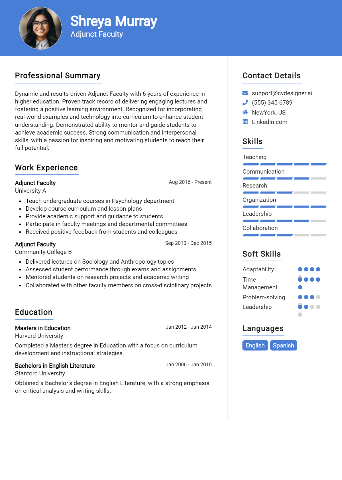 Adjunct Faculty Resume Example for 2026: Examples & Free Templates Preview