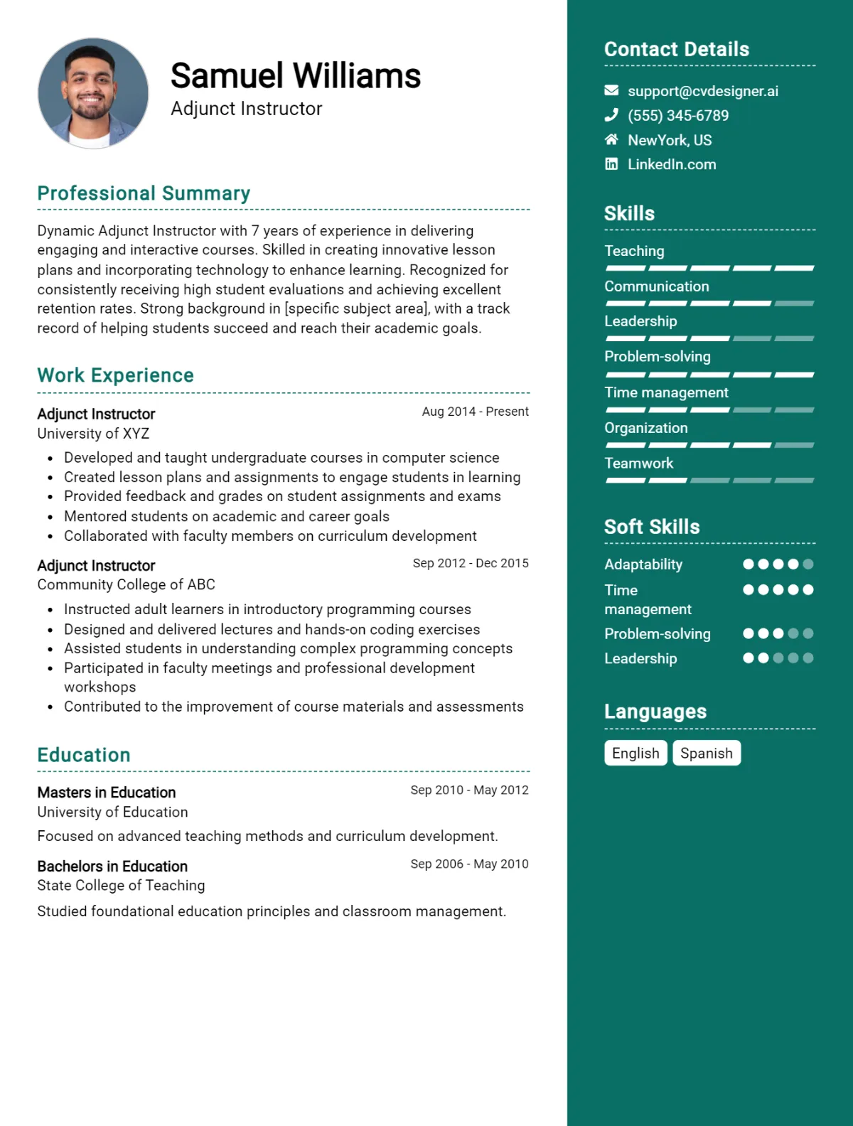 Adjunct Instructor CV Example For 2026: Free Downloadable Templates Preview