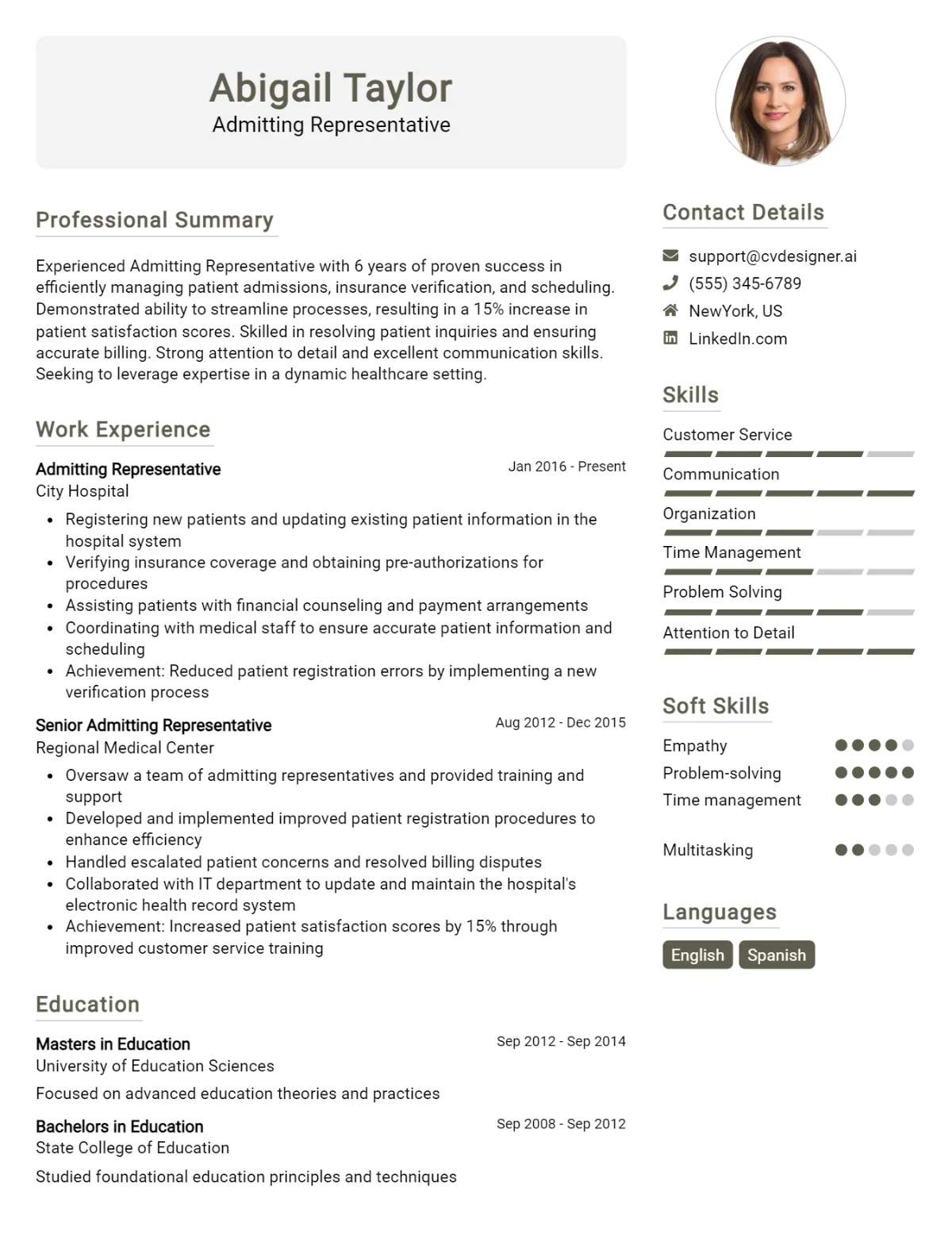 Admitting Representative CV Example For 2026: Examples & Free Templates Preview