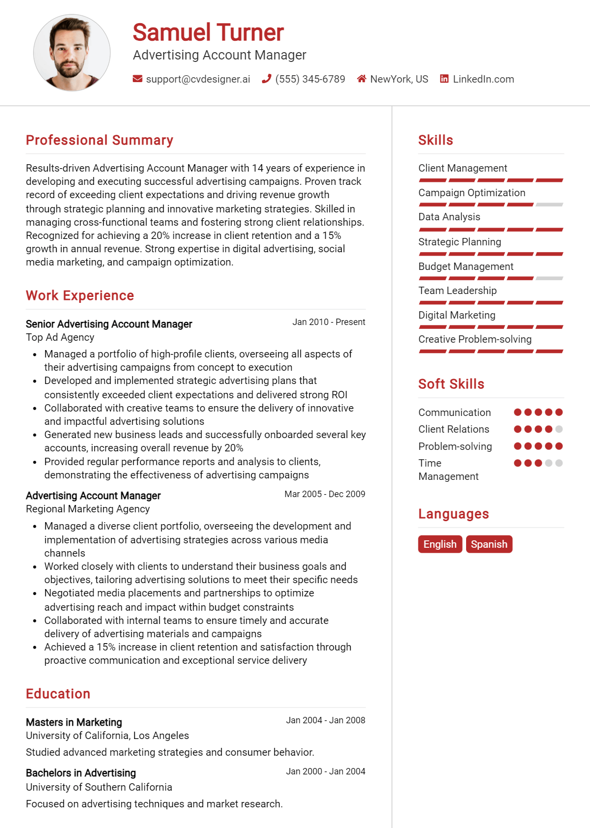 Advertising Account Manager Resume Example for 2026: Free Samples Preview