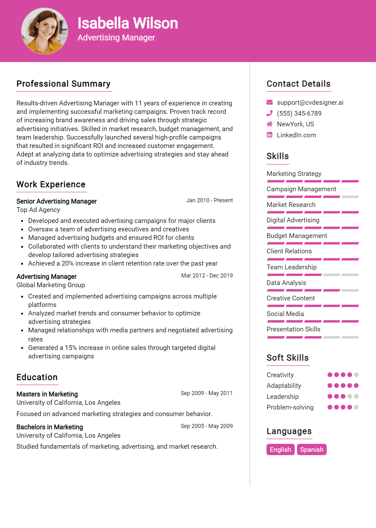 Advertising Manager Resume Example for 2026: Best Tips Preview