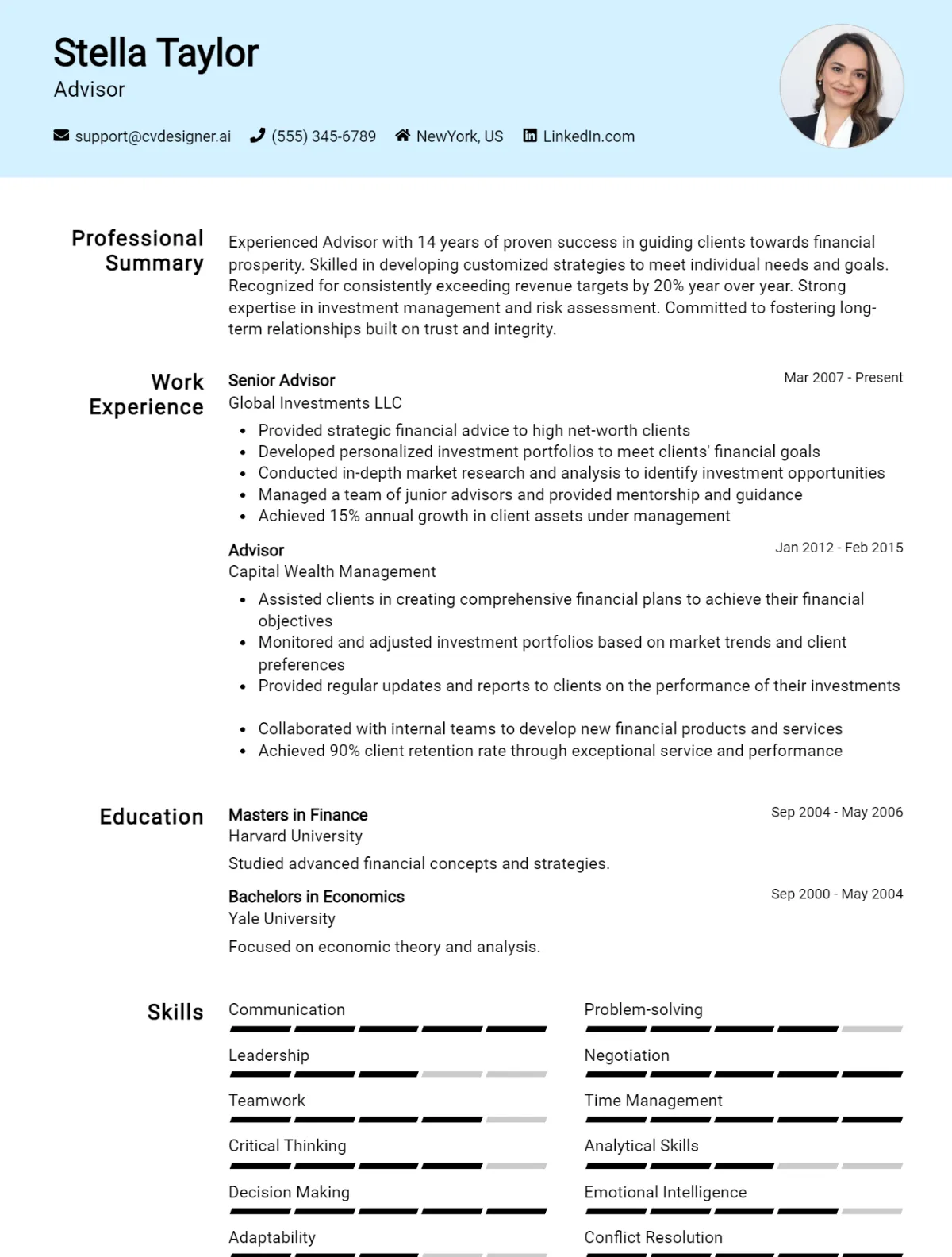 Advisor CV Example For 2026: Top CV Skills Preview