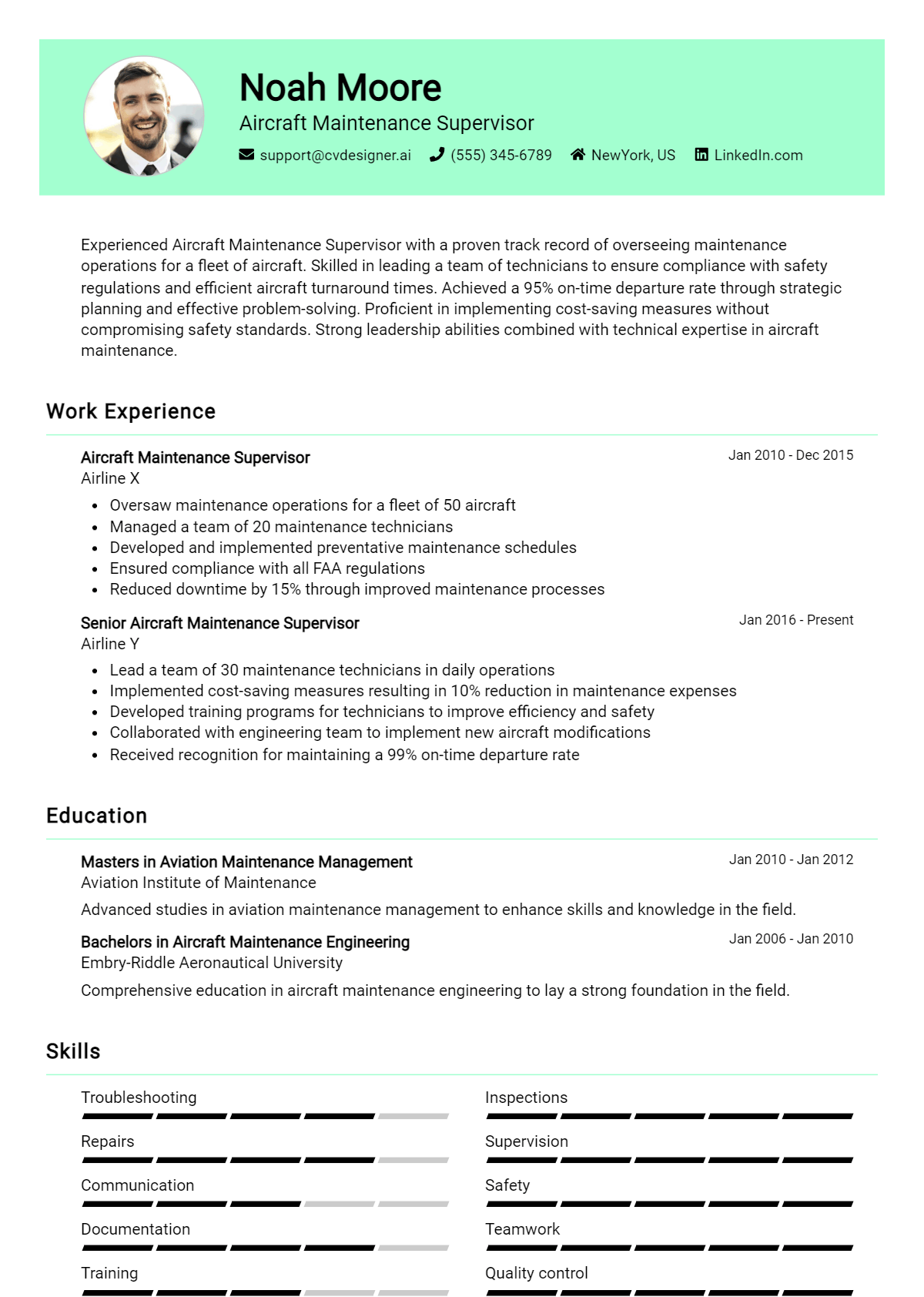 Aircraft Maintenance Supervisor Resume Example for 2026: Free Professional Templates Preview