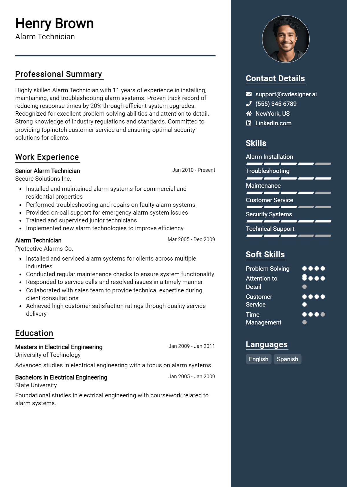 Alarm Technician Resume Example for 2026: Professional CV Templates Preview