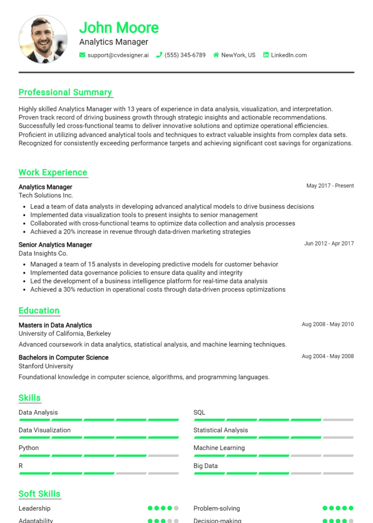 Analytics Manager Resume Example