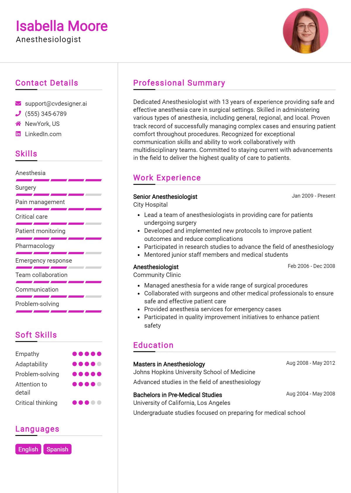 Anesthesiologist Resume Example for 2026: Free Professional Templates Preview