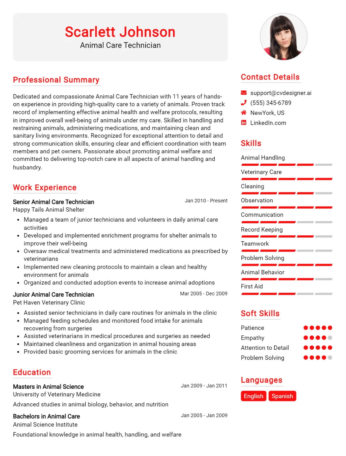 Animal Care Technician CV Example For 2026: Free Professional Templates Preview
