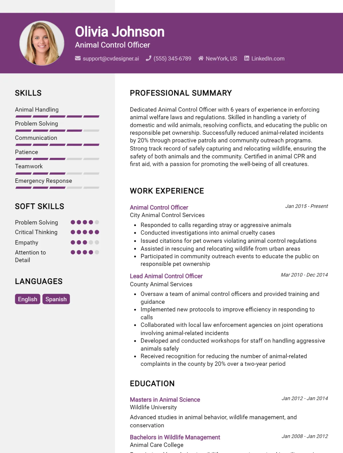 Animal Control Officer CV Example For 2026: Free Downloadable Templates Preview