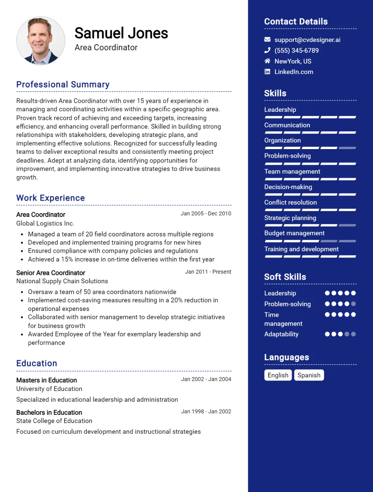 Area Coordinator CV Example For 2026: Top CV Skills Preview