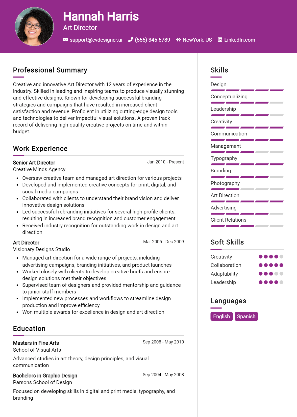 Art Director Resume Example for 2026: Free Samples Preview