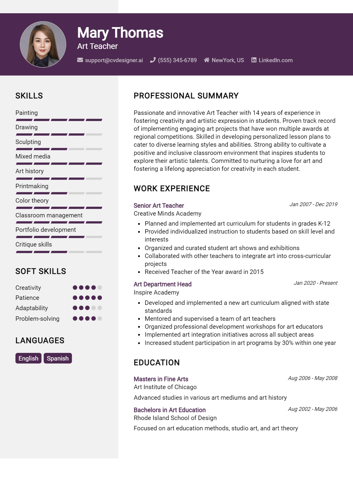 Art Teacher Resume Example for 2026: Best Tips & Templates Preview