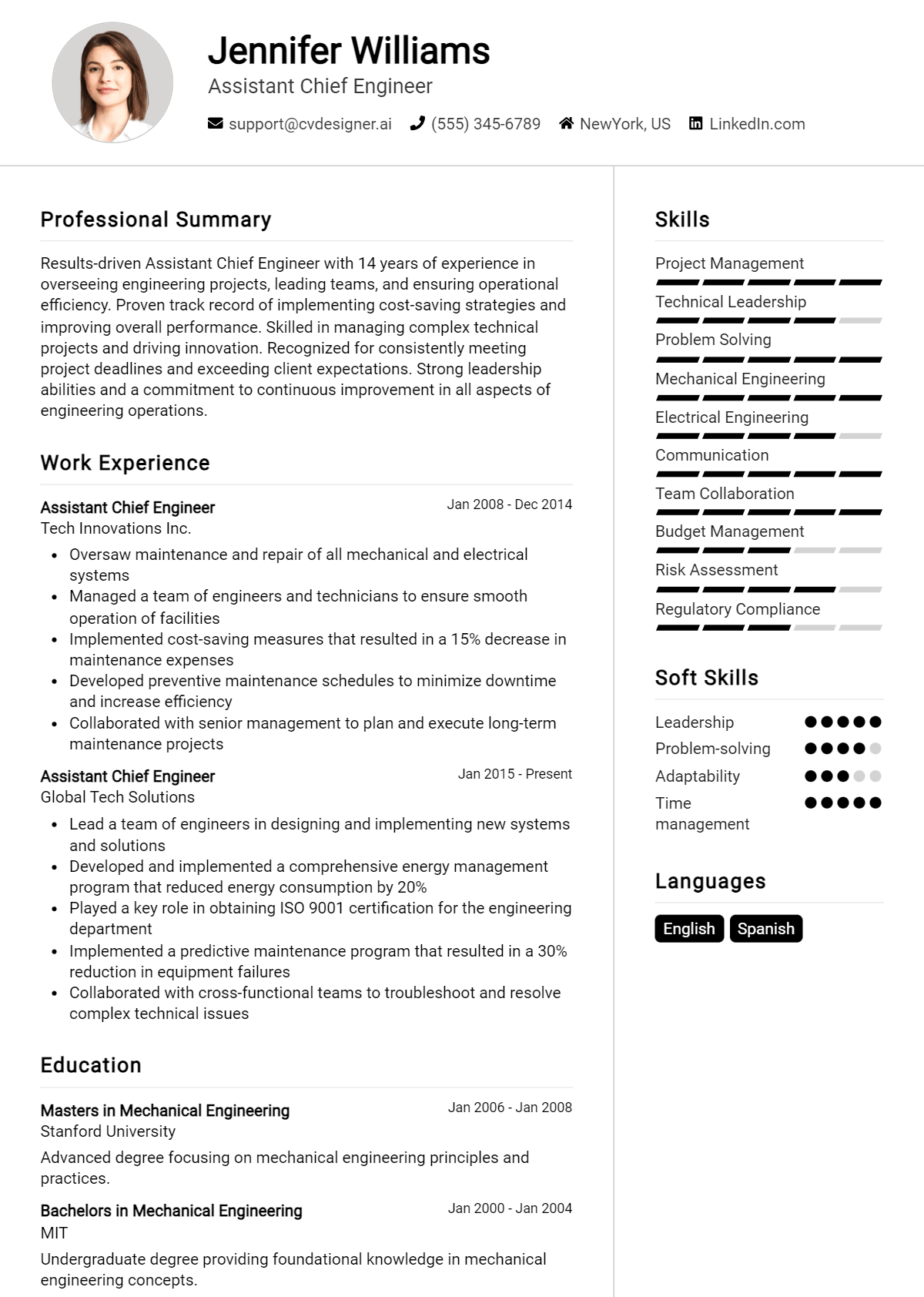 Assistant Chief Engineer Resume Example for 2026: Free Downloadable Templates Preview