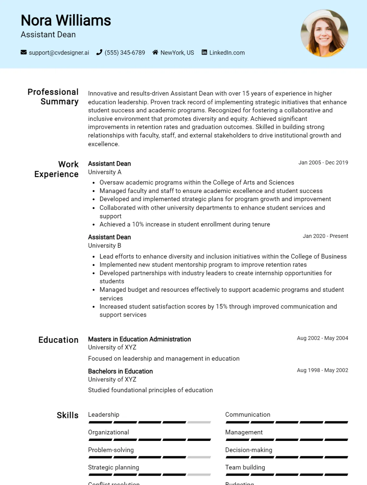 Assistant Dean CV Example For 2026: Top CV Skills Preview