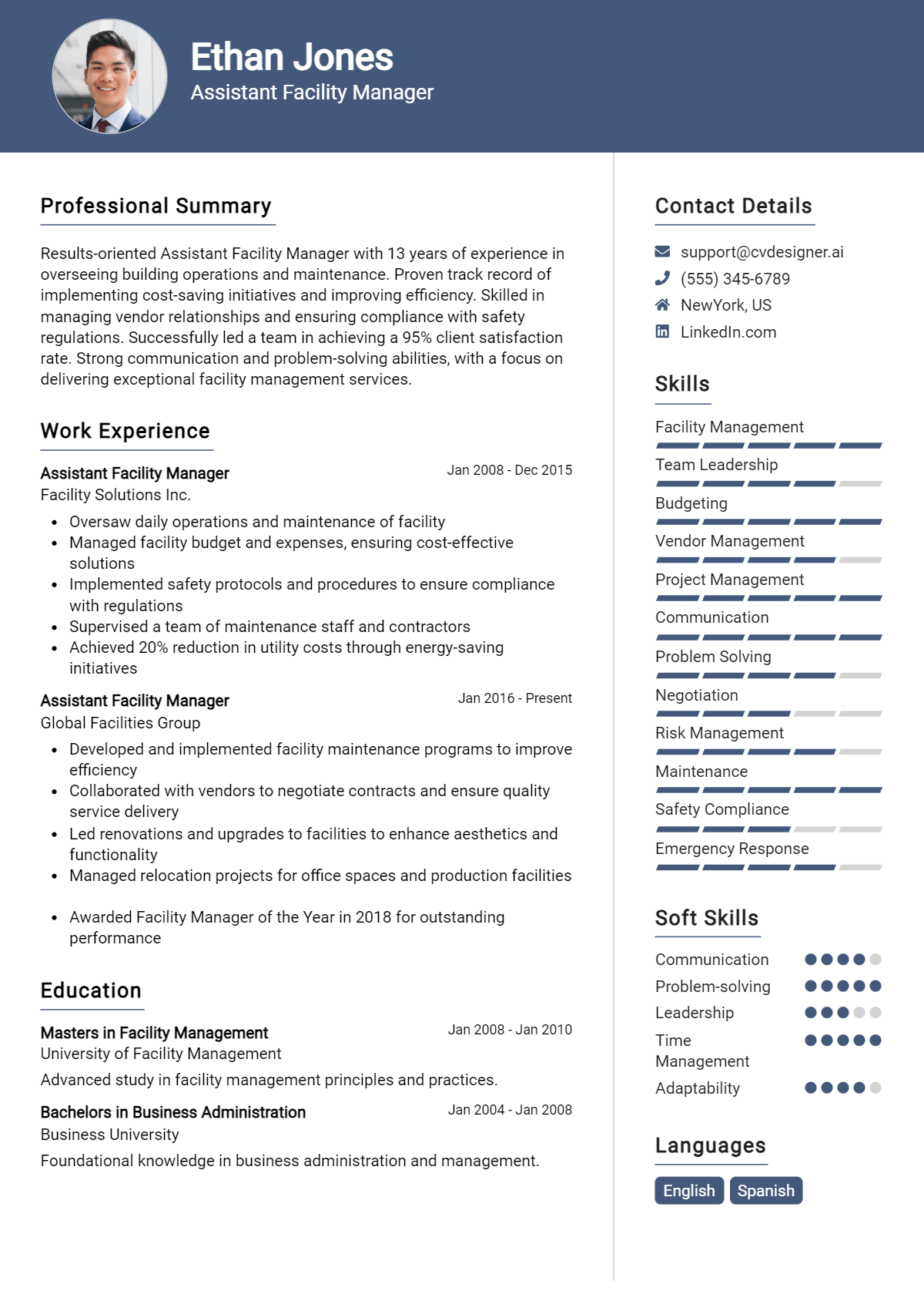 Assistant Facility Manager Resume Example for 2026: Free Samples Preview