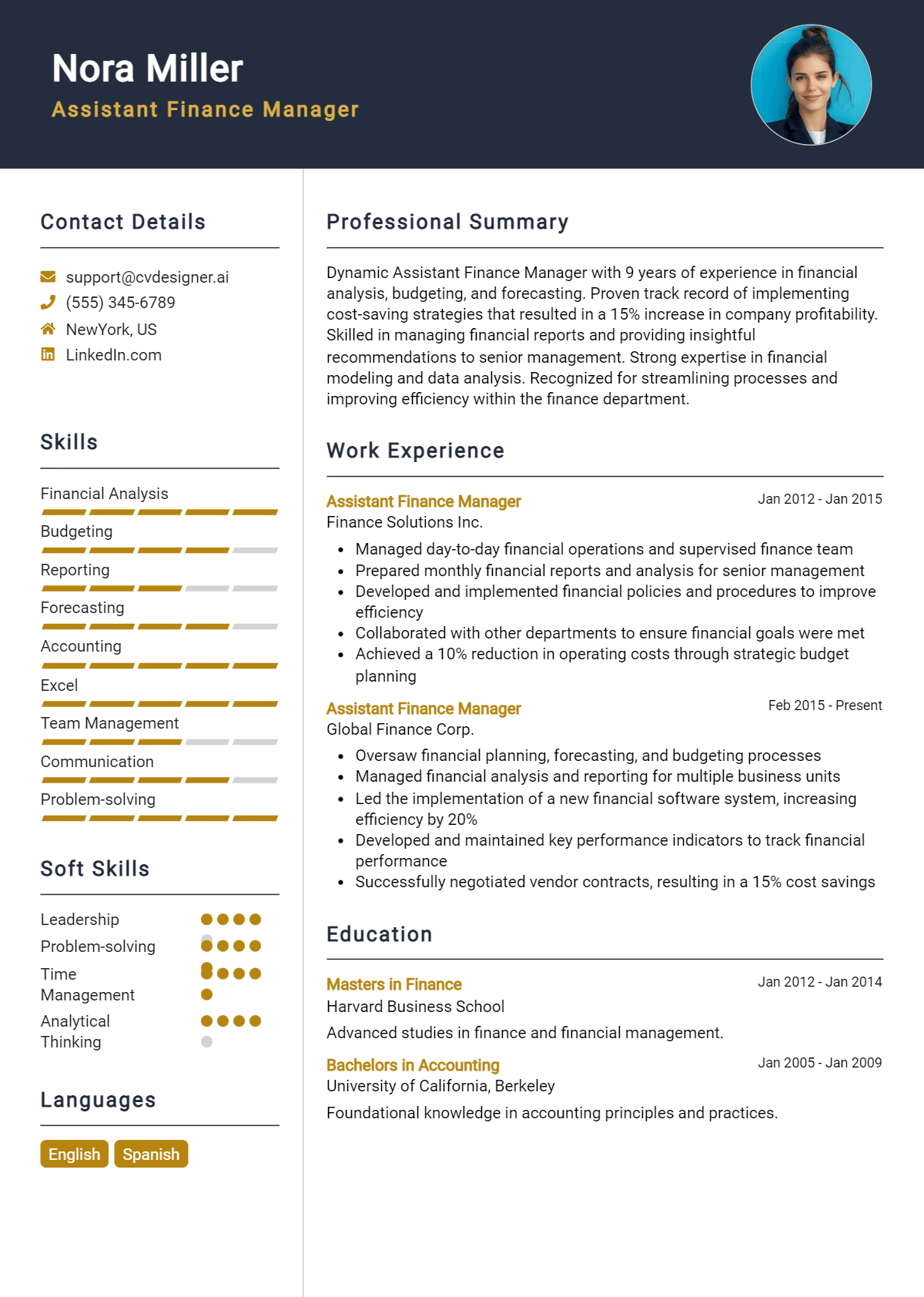 Assistant Finance Manager Resume Example for 2026: Free Professional Templates Preview