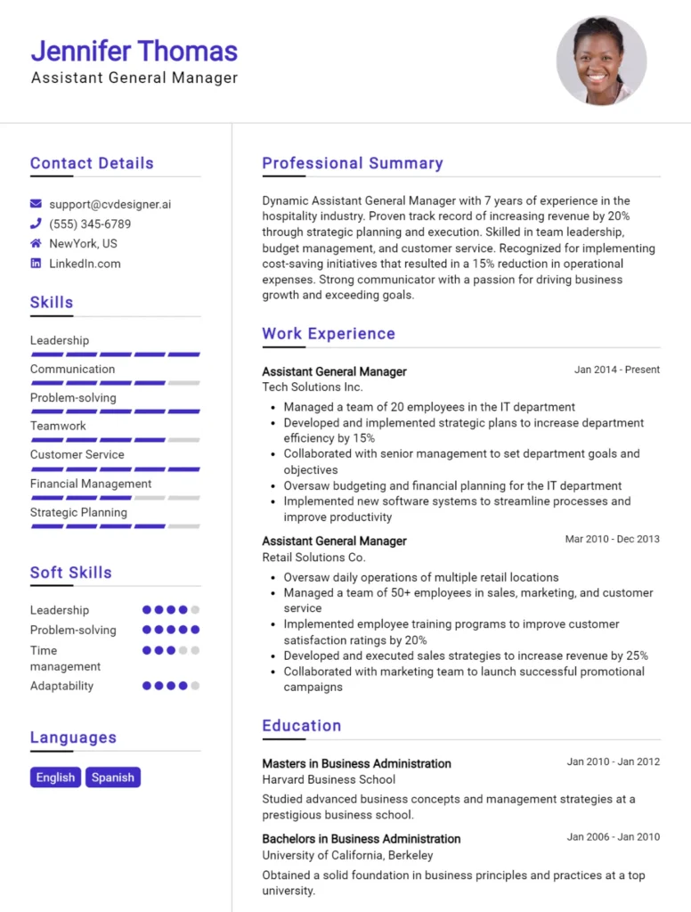 Assistant General Manager CV Example