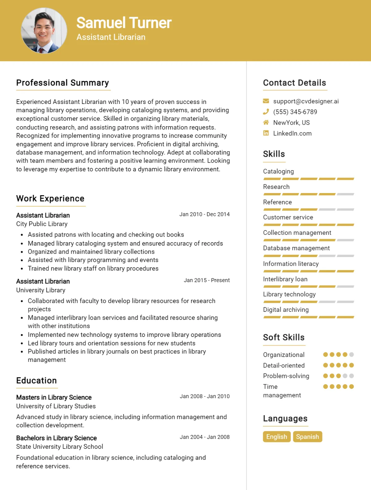 Assistant Librarian CV Example For 2026: Samples & Best Practices Preview