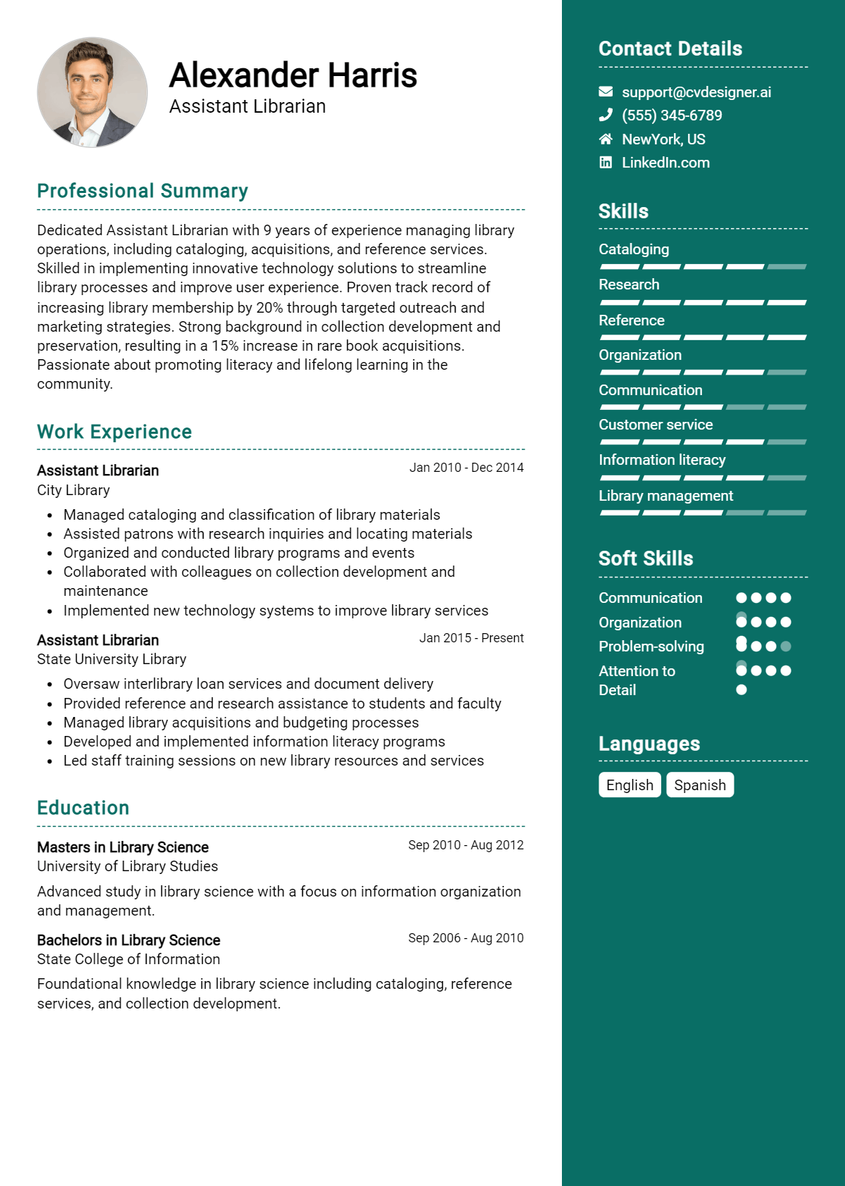 Assistant Librarian Resume Example for 2026: Top CV Skills Preview