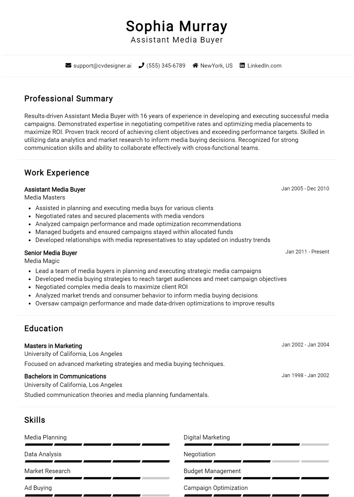 Assistant Media Buyer Resume Example for 2026: Free Examples Preview
