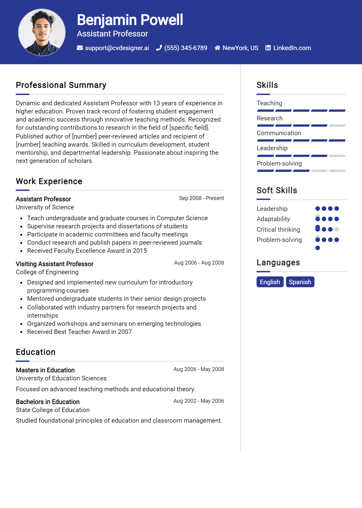 Assistant Professor Resume Example for 2026: Free Professional Templates Preview