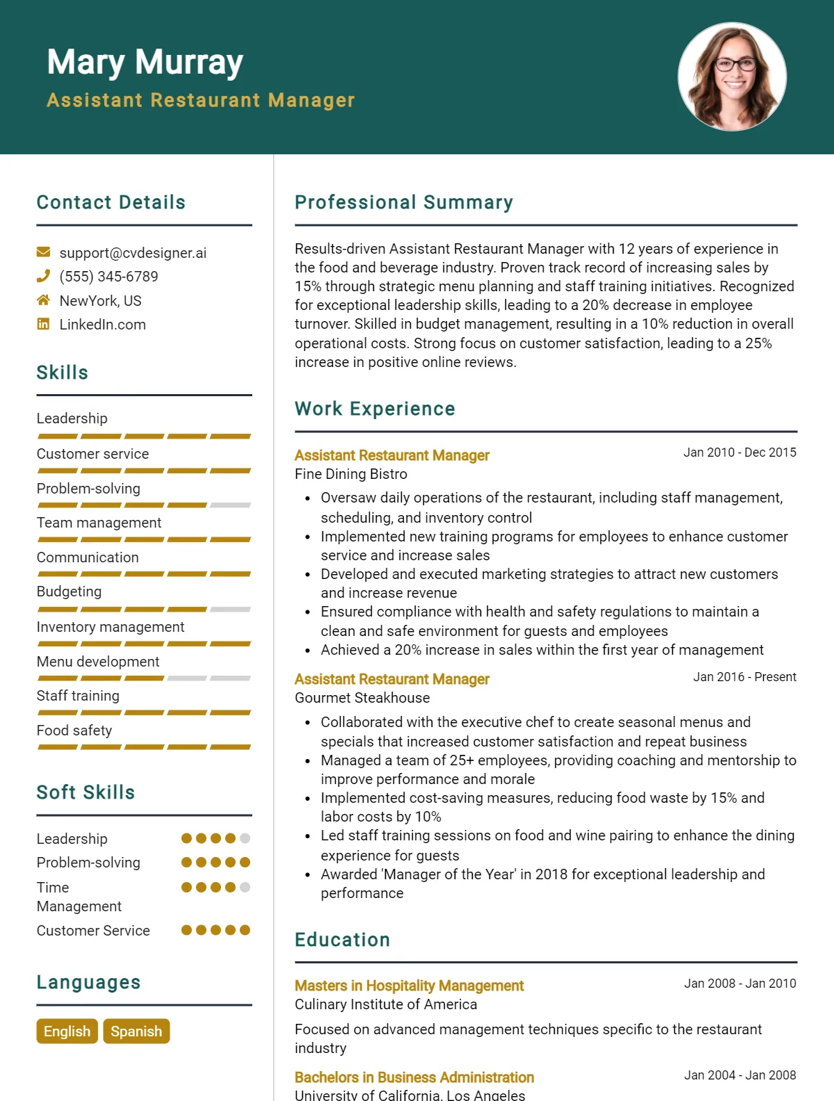 Assistant Restaurant Manager CV Example For 2026: Best Writing Guide Preview