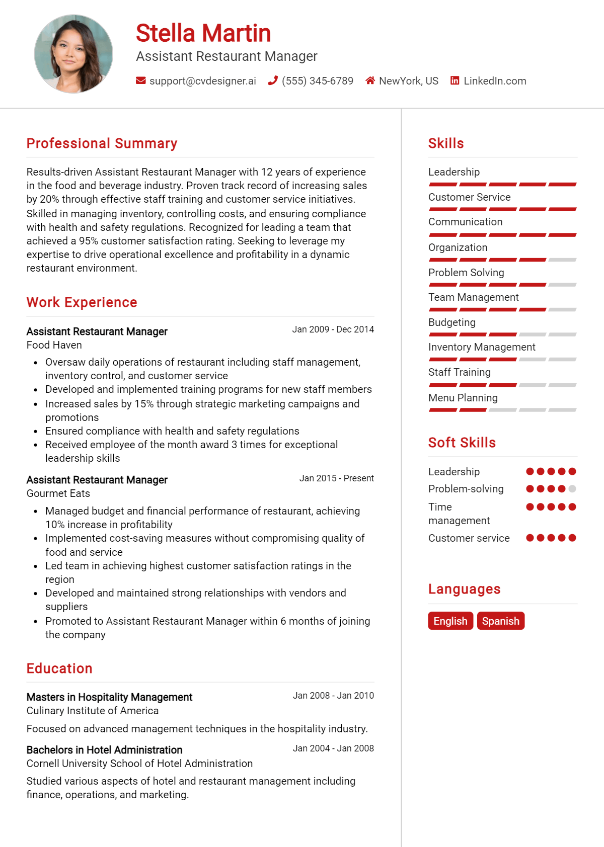 Assistant Restaurant Manager Resume Example for 2026: Best Writing Guide Preview