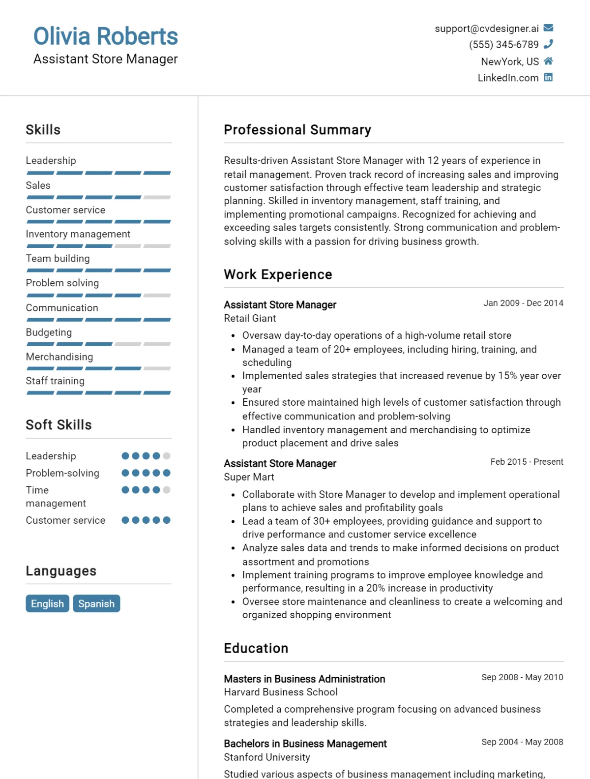 Assistant Store Manager CV Example For 2026: Free Professional Templates Preview