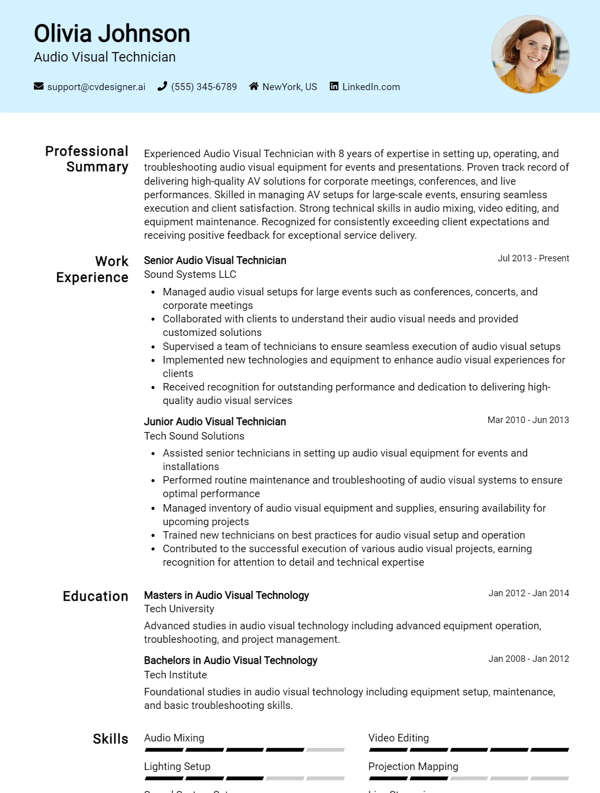 Audio Visual Technician CV Example For 2026: Free Professional Templates Preview
