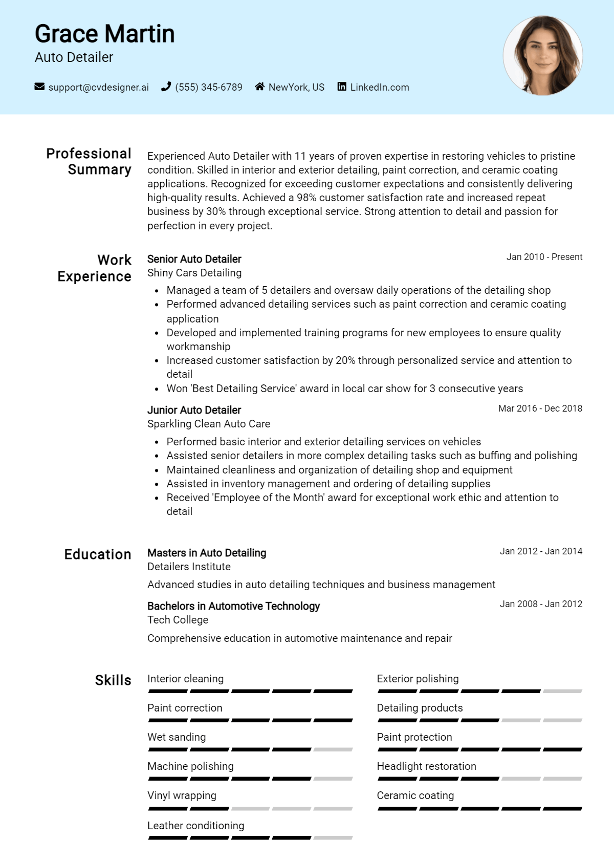 Auto Detailer Resume Example for 2026: Top CV Skills Preview
