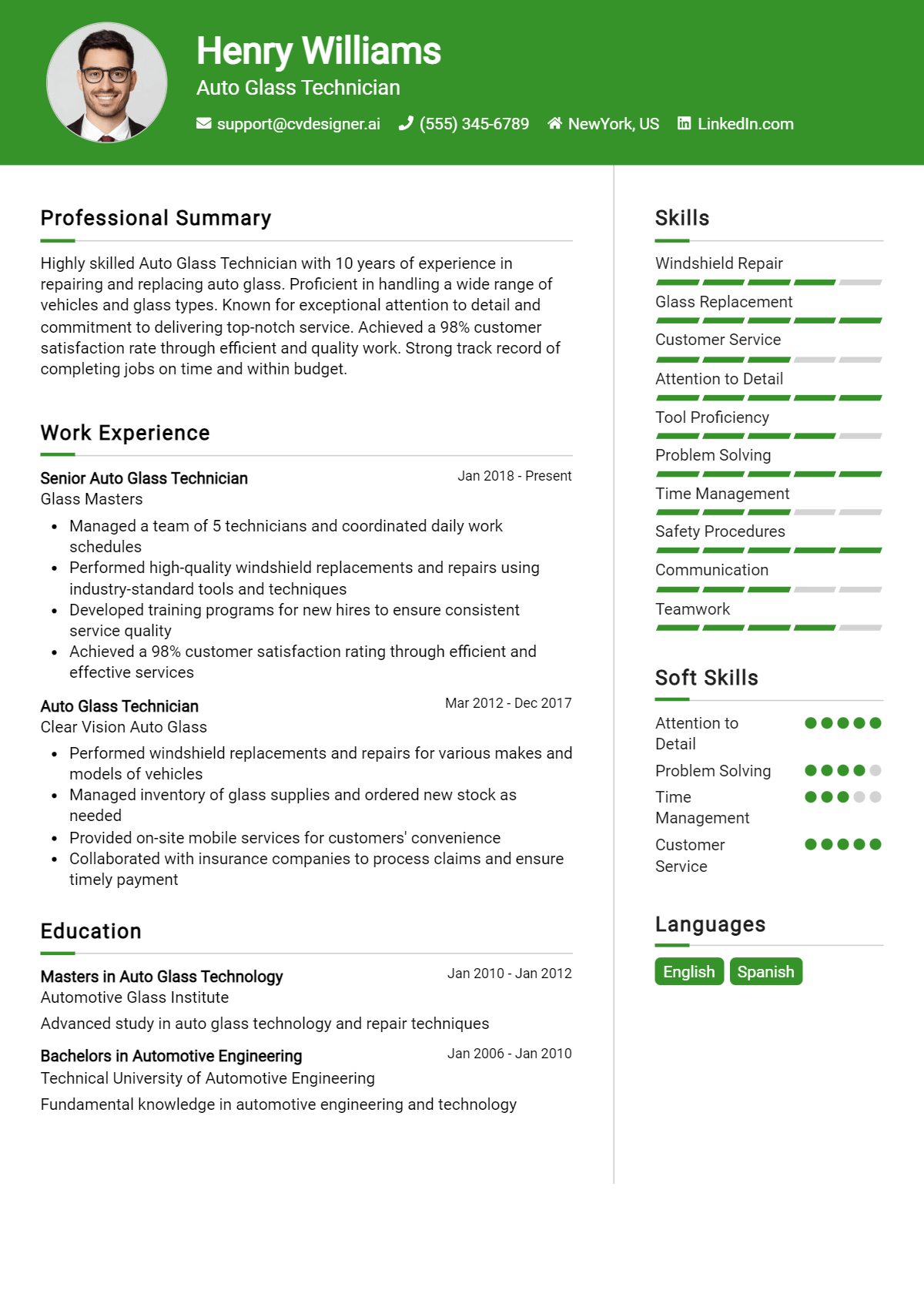 Auto Glass Technician Resume Example for 2026: Strategies & Templates Preview