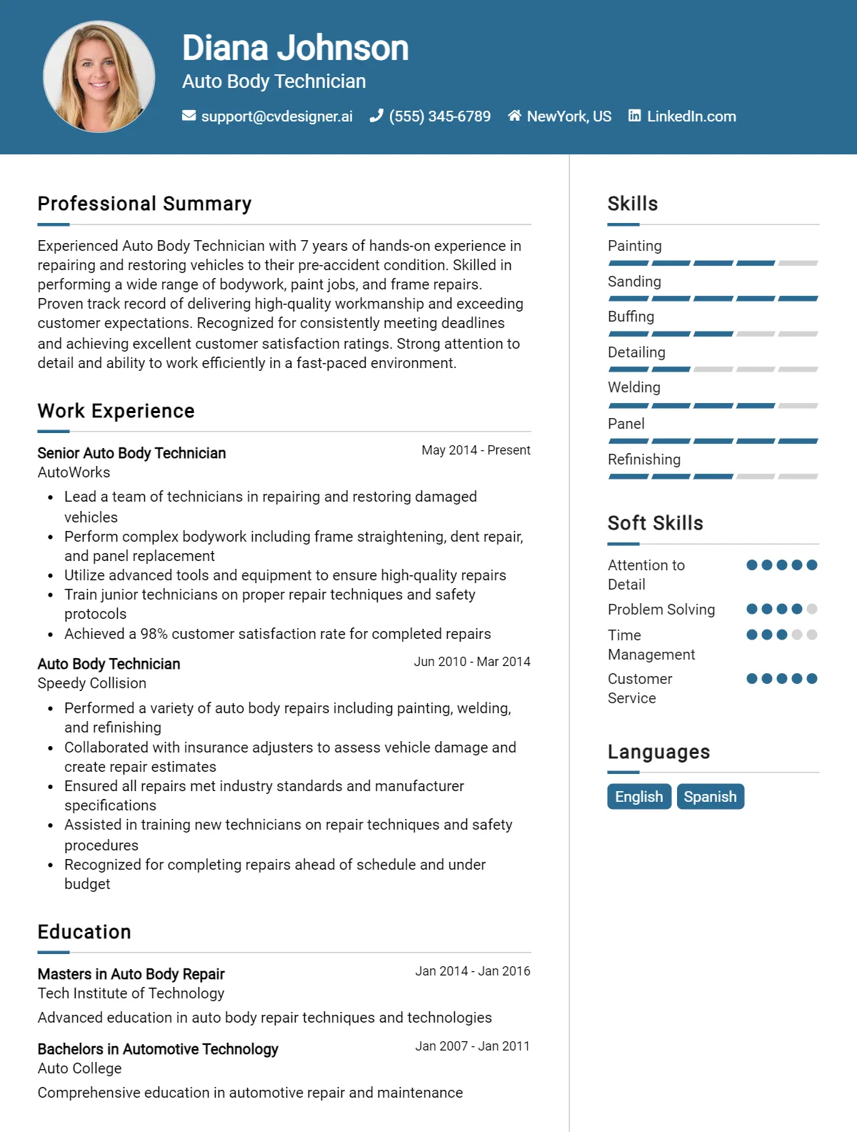 Auto Body Technician CV Example For 2026: Professional CV Templates Preview