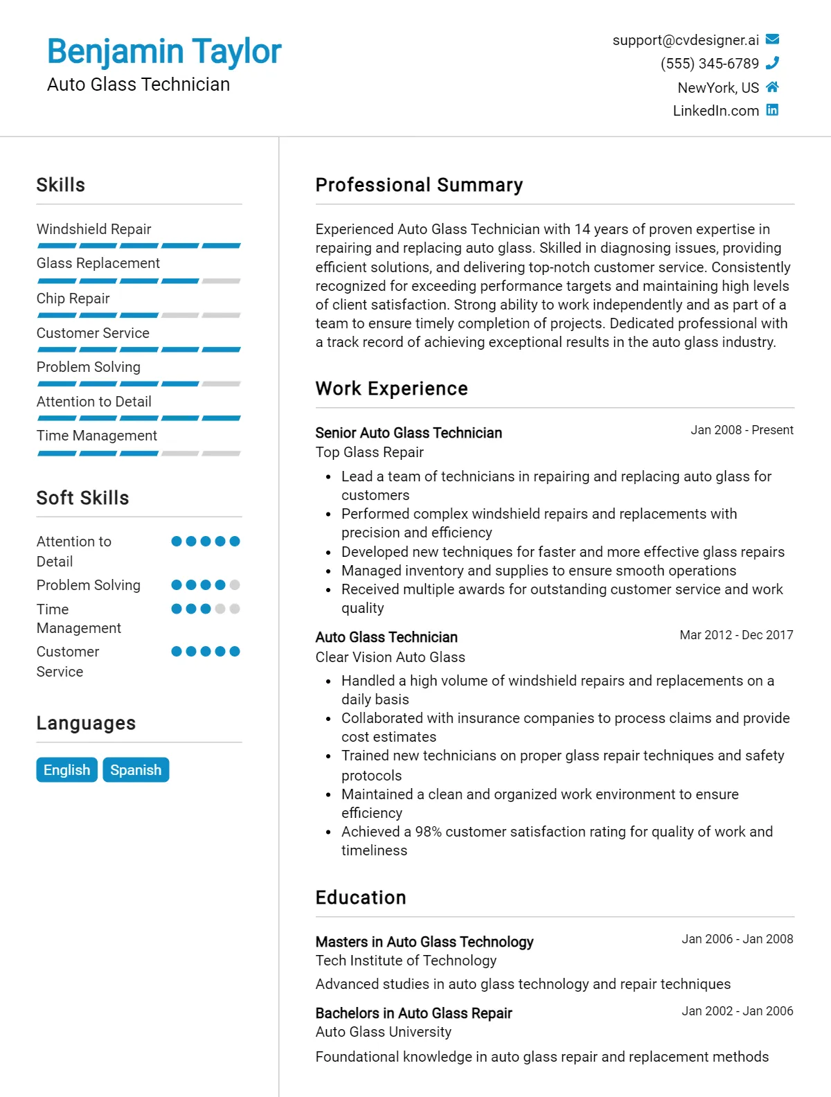Auto Glass Technician CV Example For 2026: Examples & Free Templates Preview