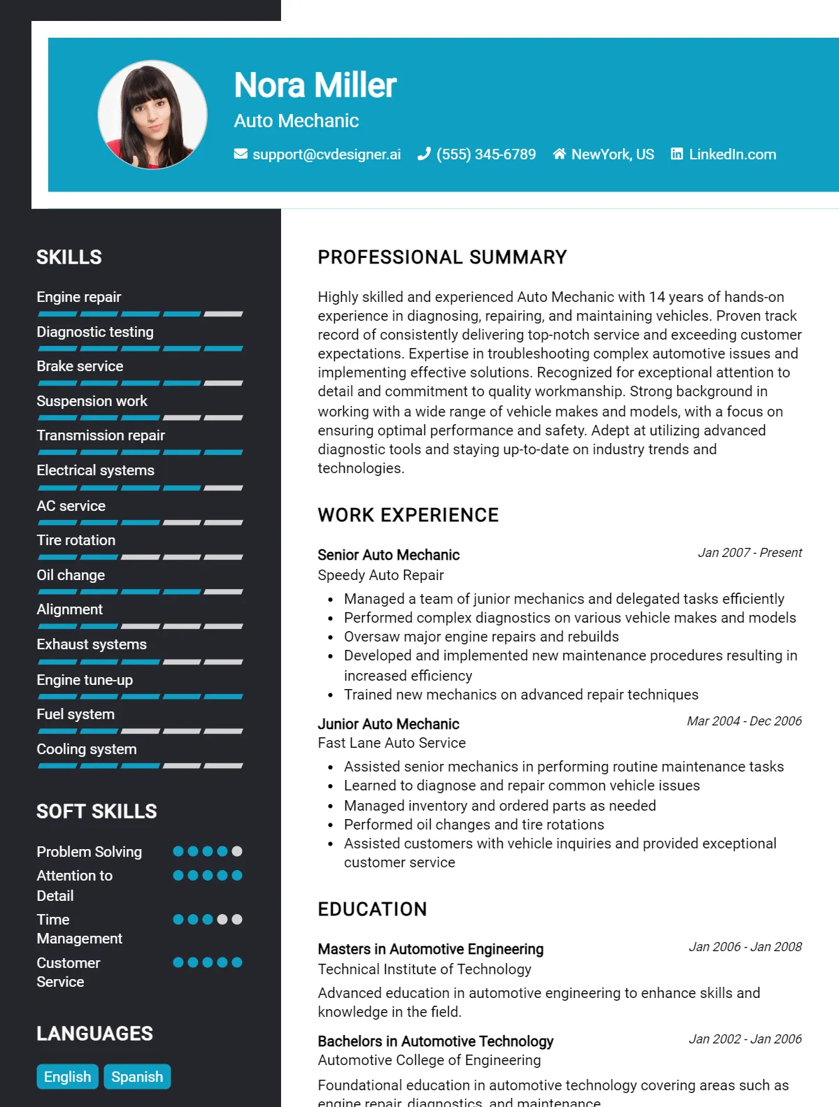 Auto Mechanic CV Example For 2026: Top CV Skills Preview