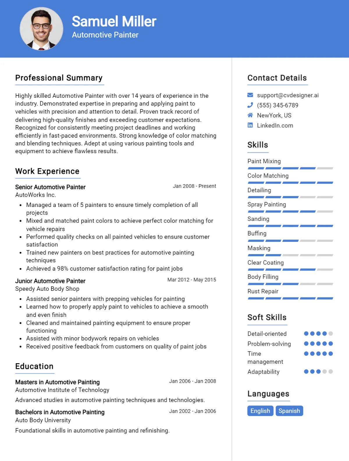 Automotive Painter CV Example For 2026: Free Professional Templates Preview