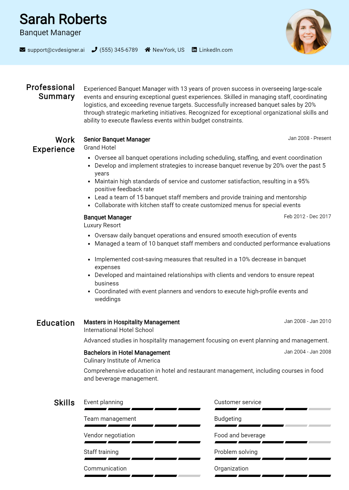 Banquet Manager Resume Example for 2026: Free Examples Preview