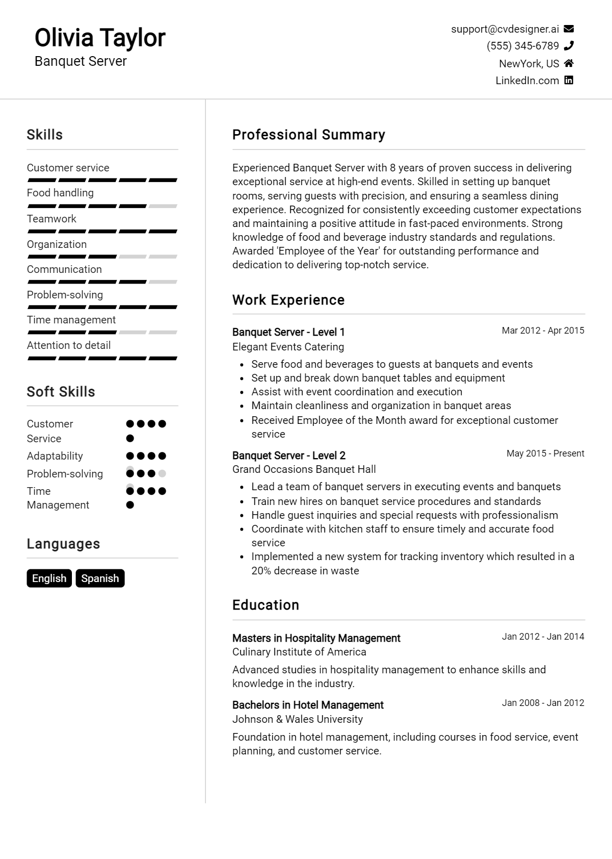 Banquet Server Resume Example for 2026: Free Professional Templates Preview