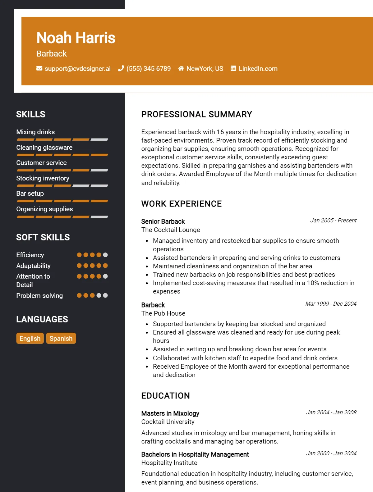 Barback CV Example For 2026: Strategies & Templates Preview