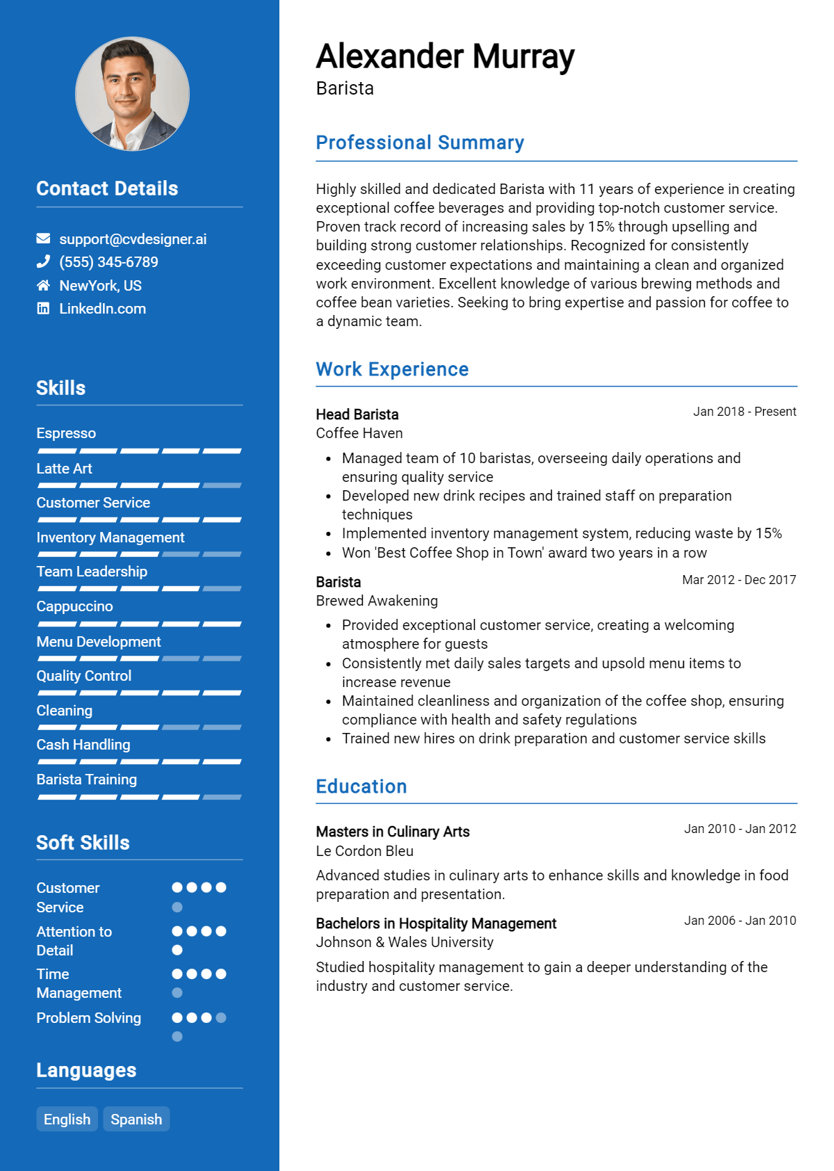 Barista Resume Example for 2026: Professional CV Templates Preview