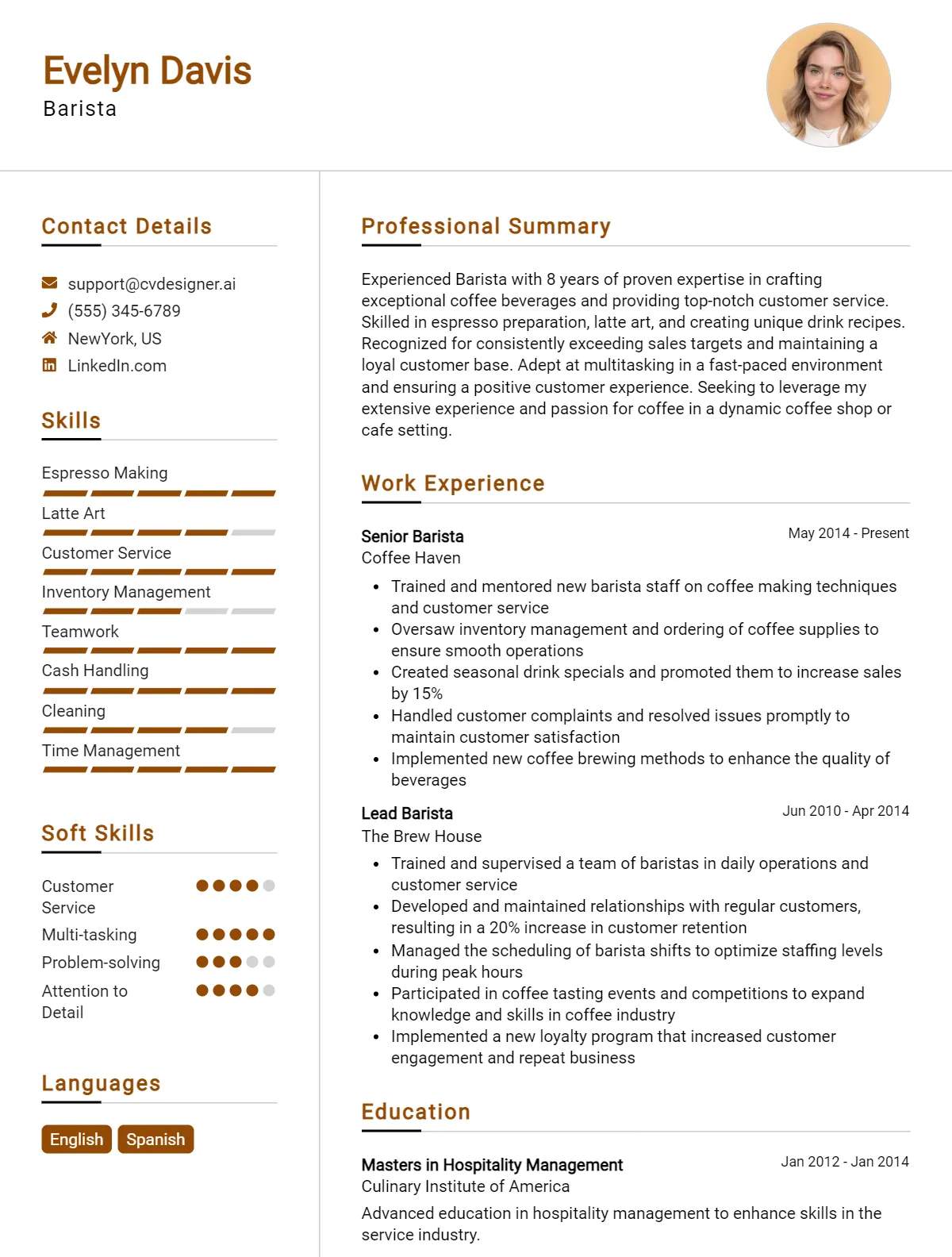Barista CV Example For 2026: Free Professional Templates Preview