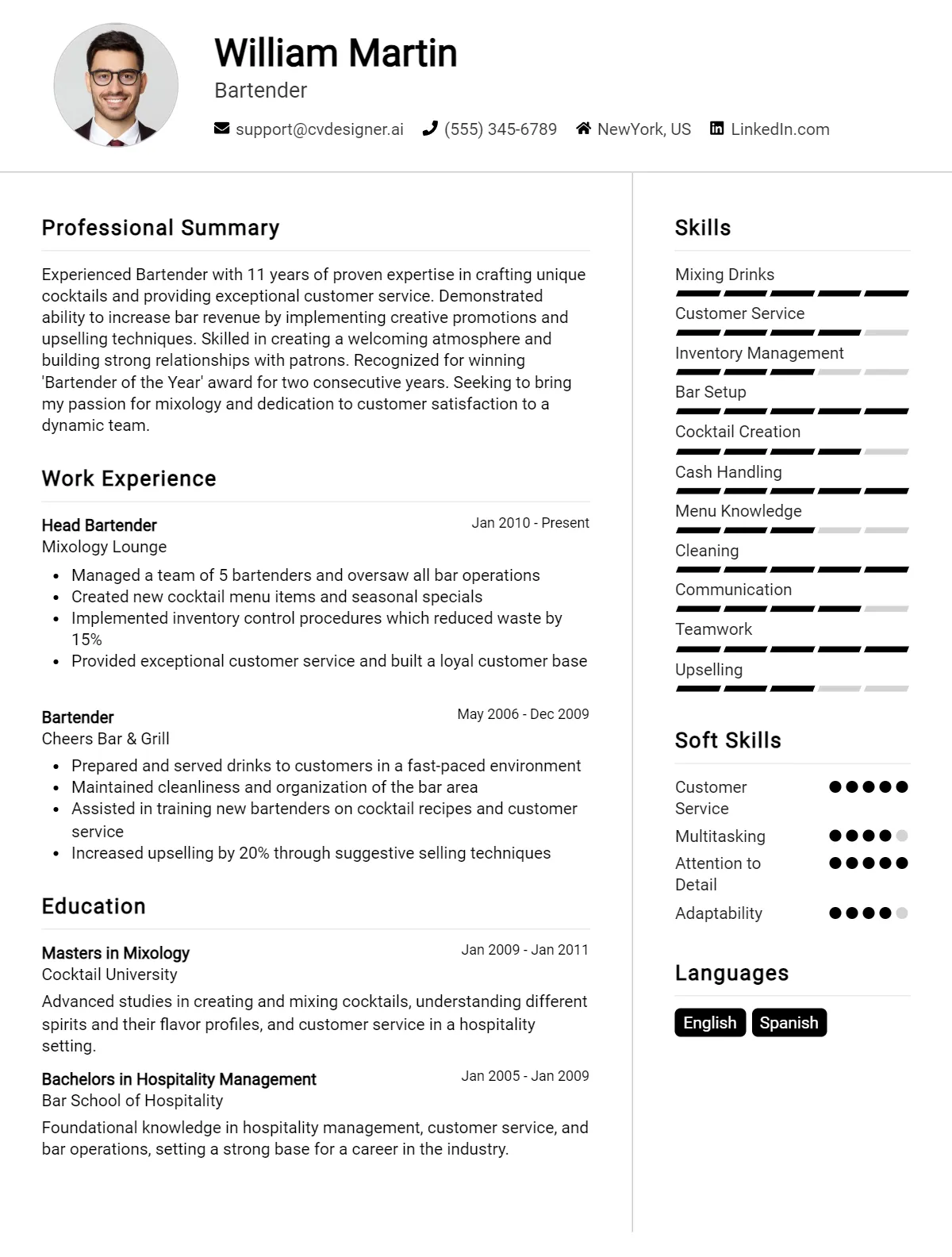 12 Bartender CV Examples And Free Templates For 2026: Ultimate Guide Preview