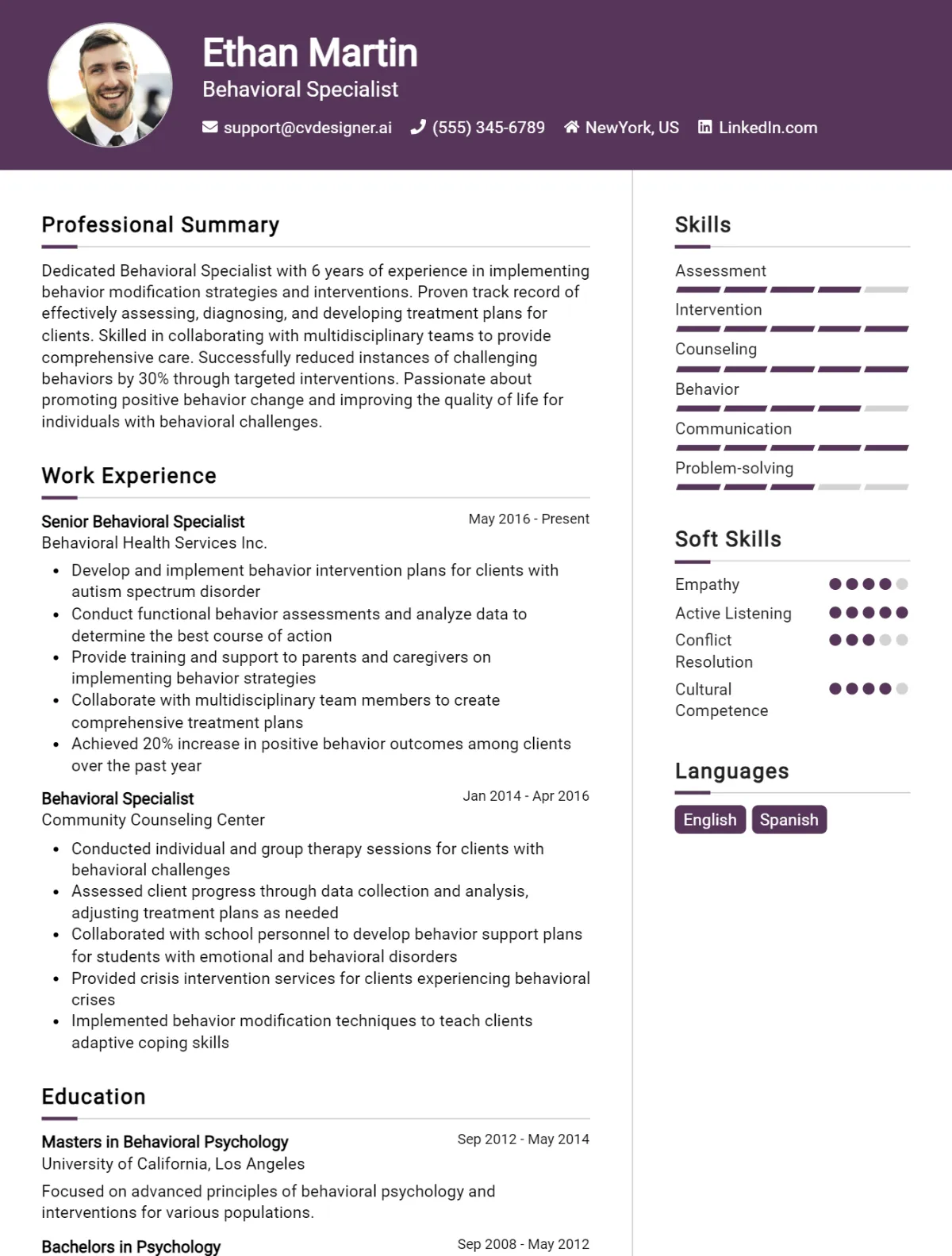 Behavioral Specialist CV Example For 2026: Best Writing Guide Preview