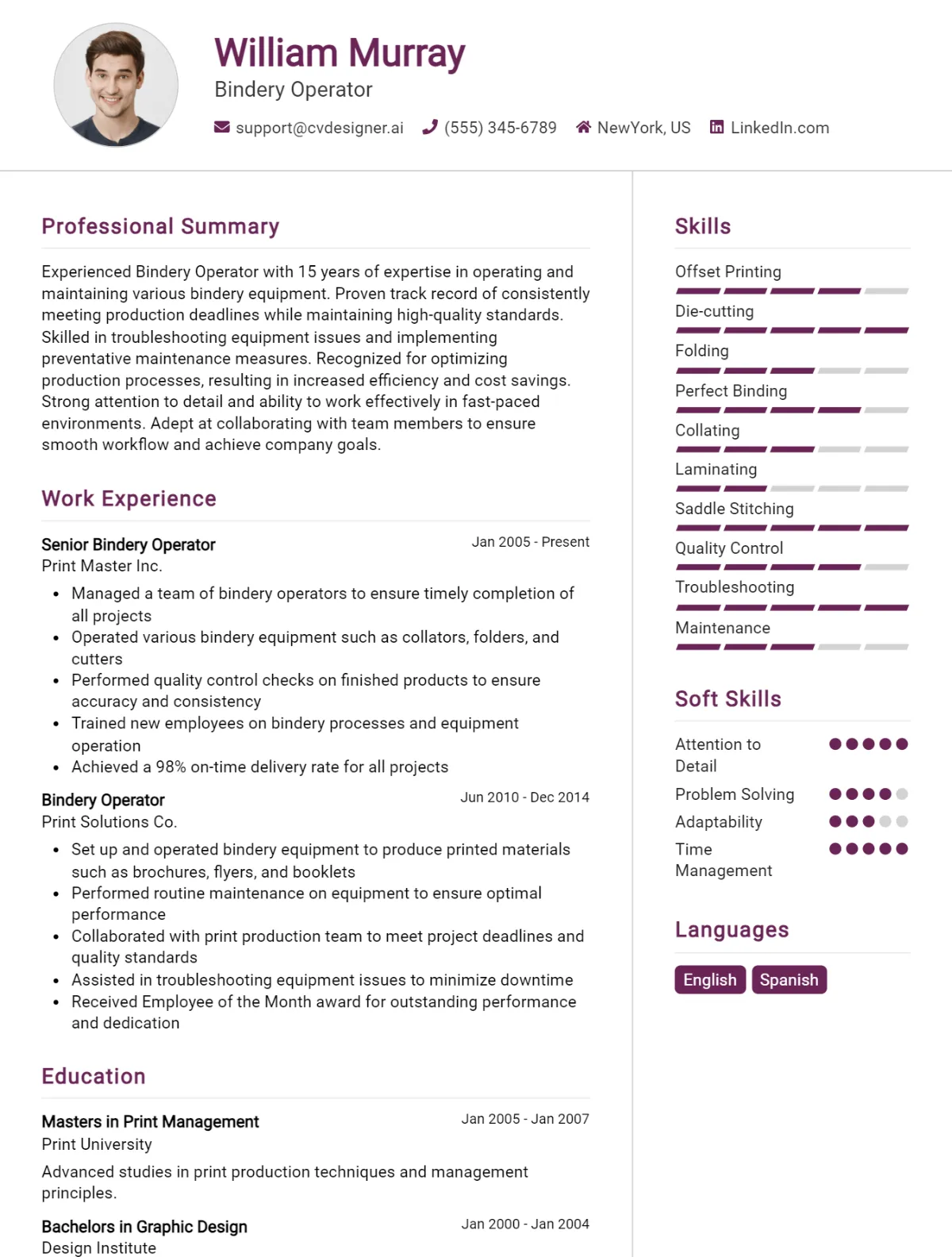 Bindery Operator CV Example For 2026: Top Tips & Samples Preview