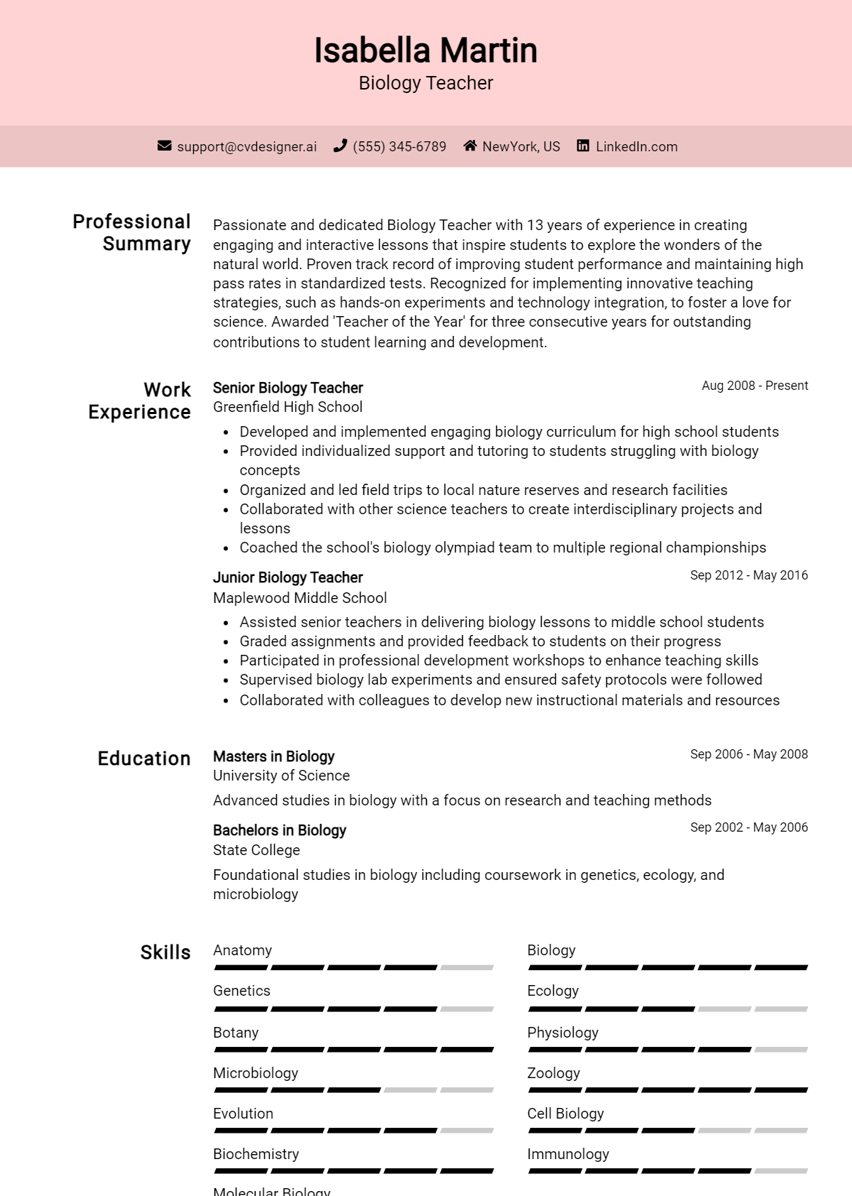Biology Teacher Resume Example for 2026: Free Professional Templates Preview